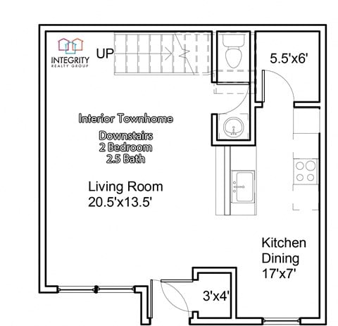 Floor plan for 2 beds, 2.5 baths, 1000 sqft